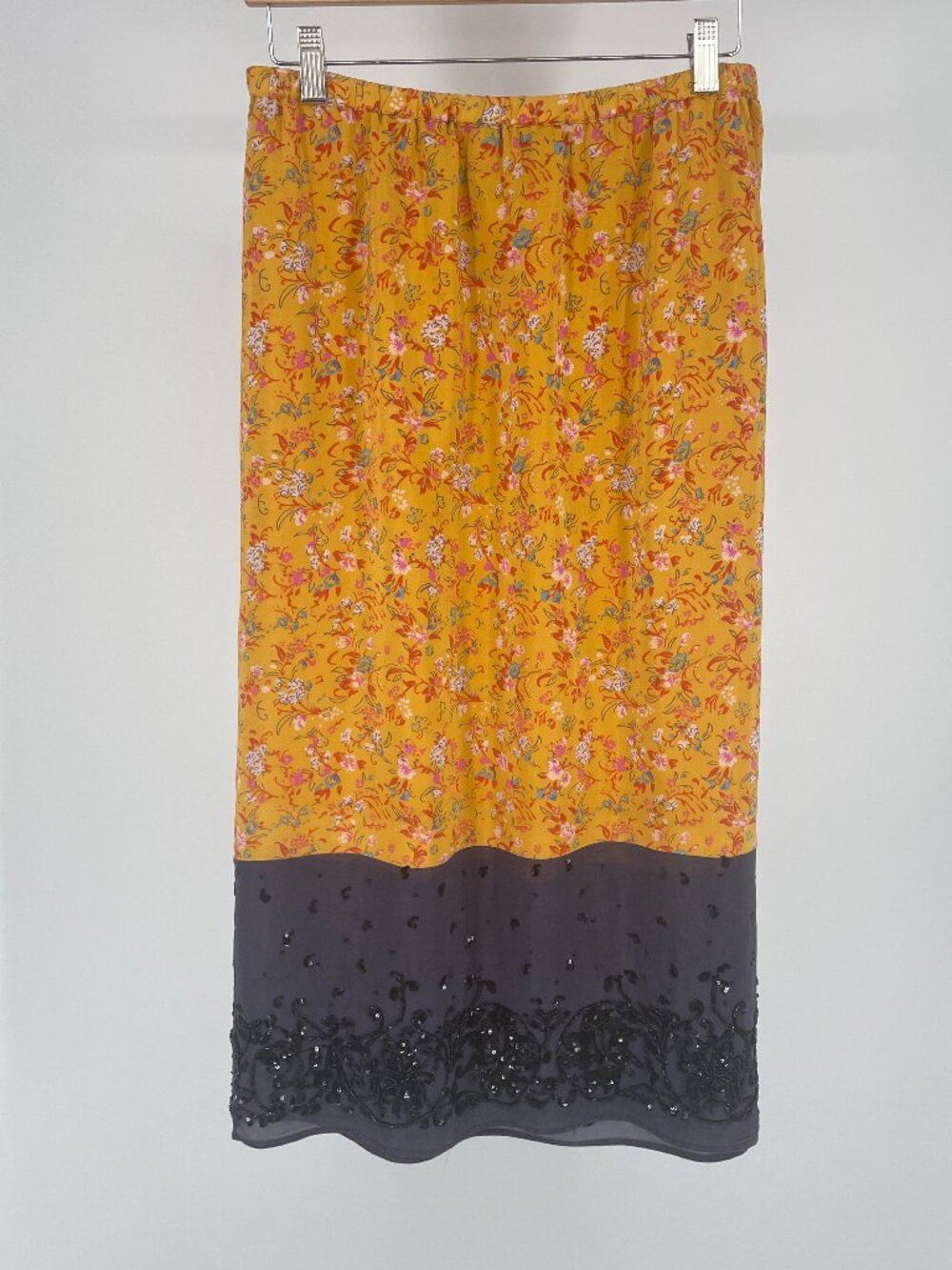 Mauve 100% Silk Yellow Floral Sequin Hem Skirt M